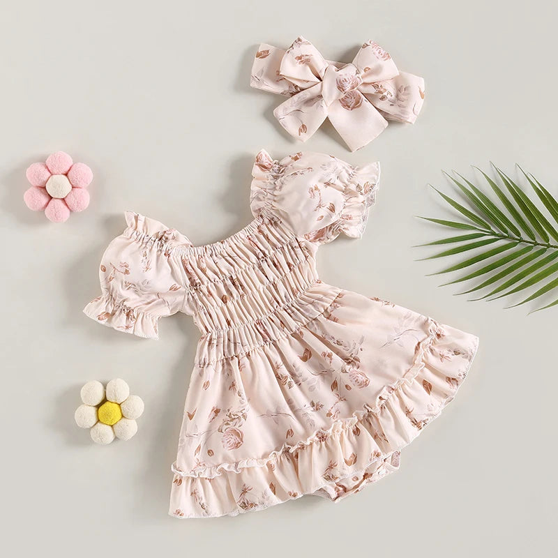 0-24M Summer Baby Girl Romper Newborn Infant Baby Floral Print Ruffle Jumpsuit Playsuit Sunsuit Headband Outfits