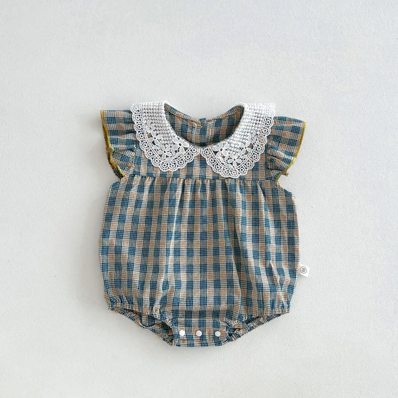 Summer Baby Girls Jumpsuit Lacy Blue Plaid Short Sleeve Infant Bodysuit Baby Clothes 0-24 Months Casual and Versatile Style