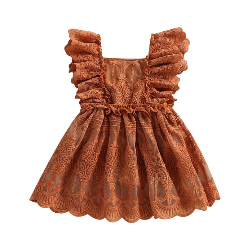 EWODOS Toddler Baby Girls Sweet A-Line Dress Summer Lace Jumpsuit Ruffles Sleeve Backless Solid Color Infant Bodysuit Dresses