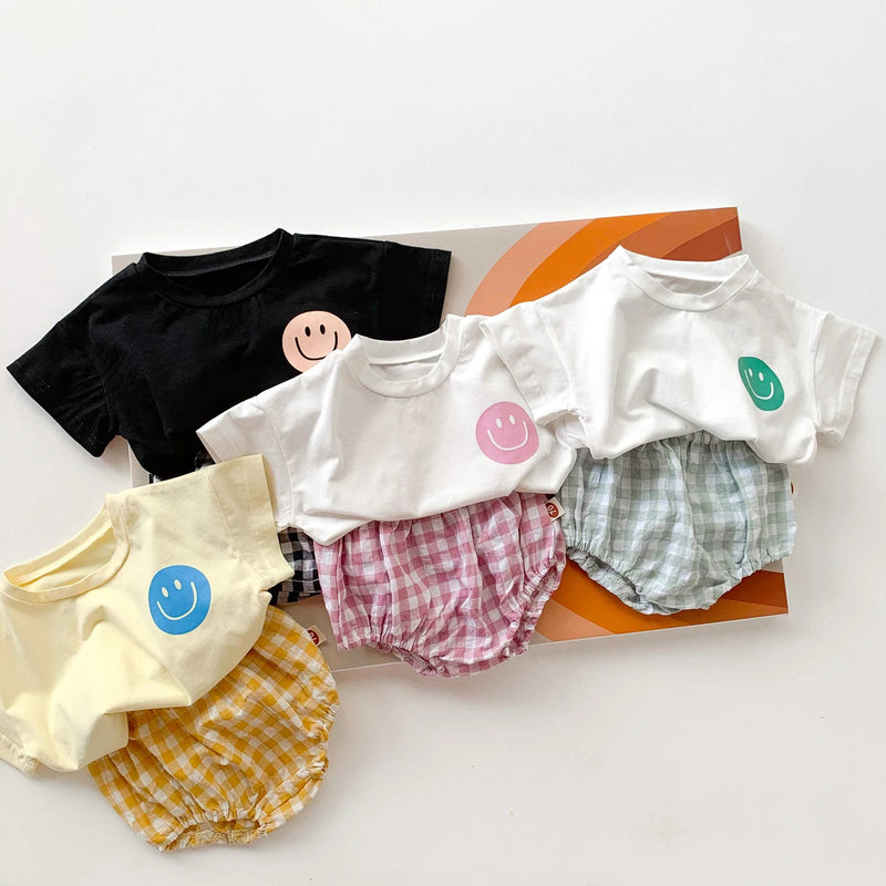 Girls Boys Cotton Smile Face Short Sleeve T-Shirt + Plaid Shorts Two-Pieces Suit Summer Baby Clothes Set