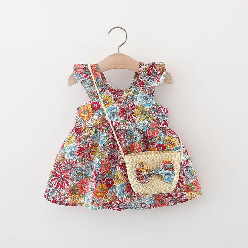 Summer Baby Girl'S Dress New Vintage Garden Flower Flying Sleeve Dress with Straw Bag