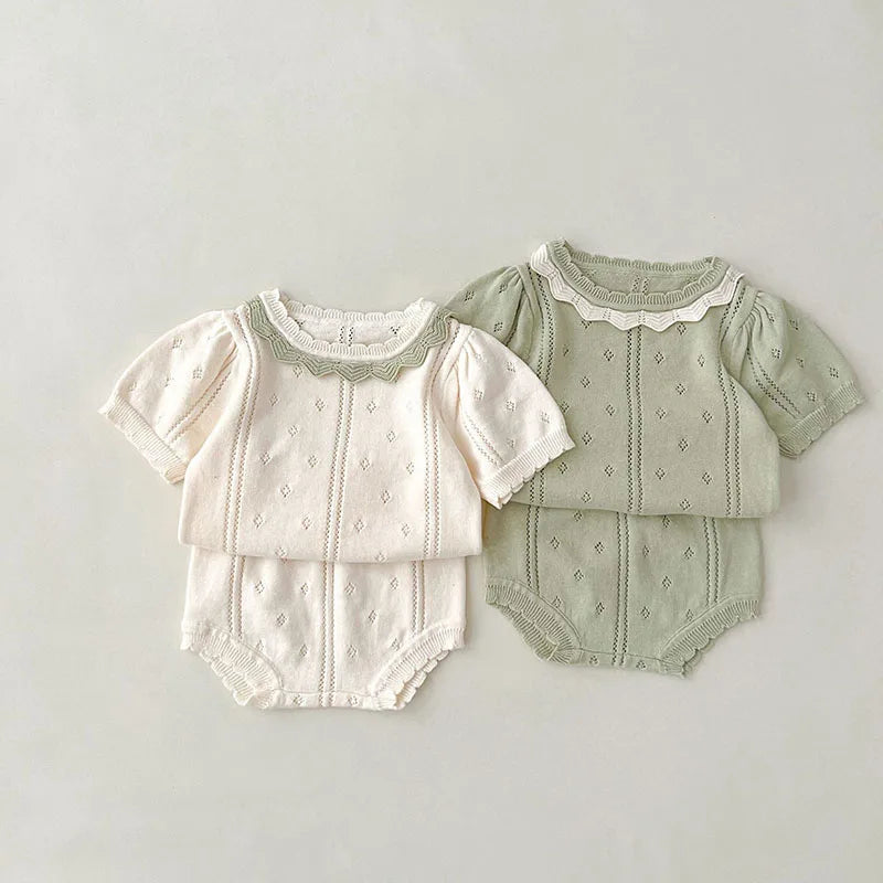 Summer Baby Clothing Set Hollow Out Knit Tee and Shorts 2 Pcs Girls Suit