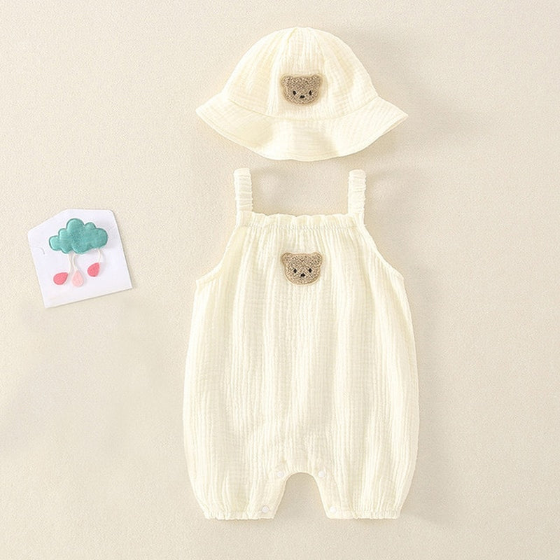 2PCS Summer Baby Clothes Set with Cap Toddler One Piece Cute Bear Sling Romper Fisherman Hat Infant Girl Boy Jumpsuit Outfit