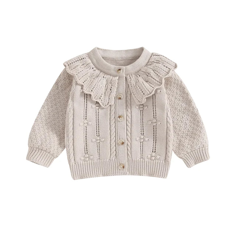 Princess Baby Girls Knitted Cardigan Sweater Cute Doll Collar Crochet Button Closure Clothes Outerwear Winter Kids Tops Outfits